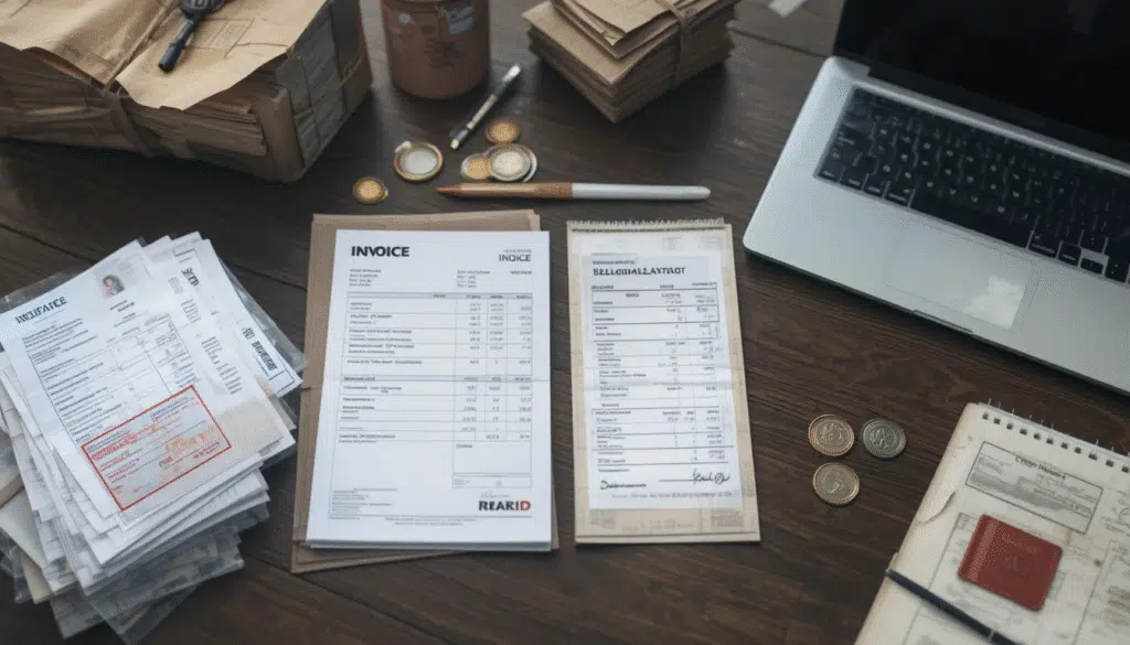 The table displays a bill of lading, invoice, packing list, laptop, and seals, illustrating the customs clearance process; the layout is neat and tidy.