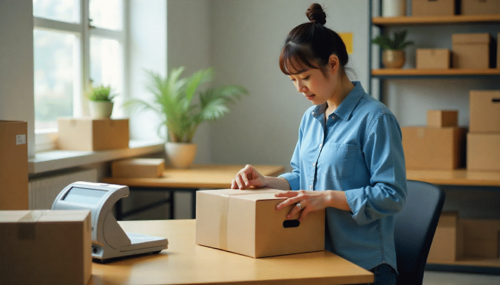 The workspace has boxes, tape, a shipping label printer, and a scale. The seller is preparing packages to be shipped to Japan.