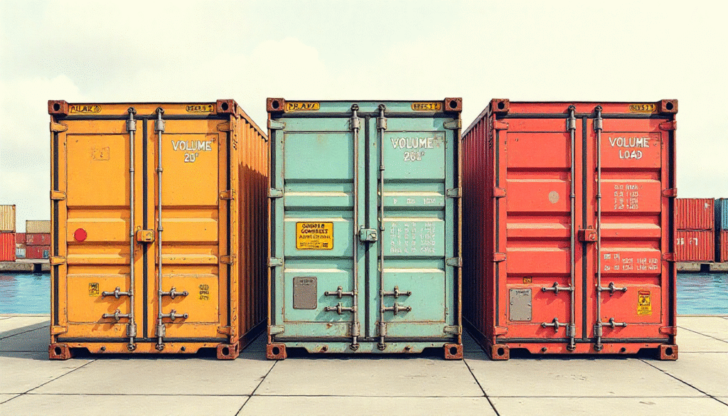 Three shipping containers 20' side-by-side, volume, load marked, port backdrop, overcast day.