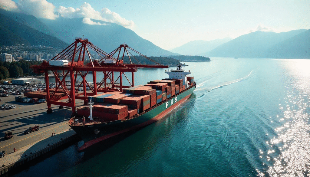 Vancouver harbor from above large container ship docked, cranes loading, urban and mountain scenery, bright, clean light.