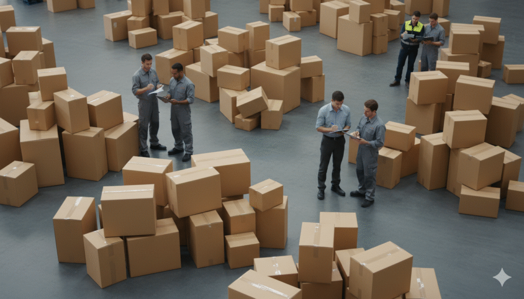 Warehouse scene with large amount of mixed export cartons stacked randomly on floor