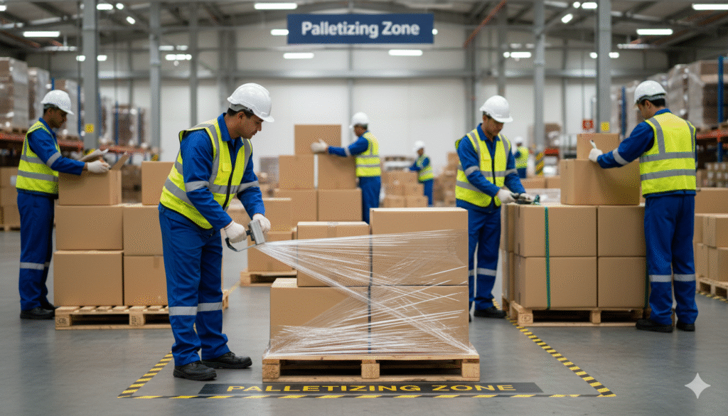 Professional air cargo warehouse palletizing scene
