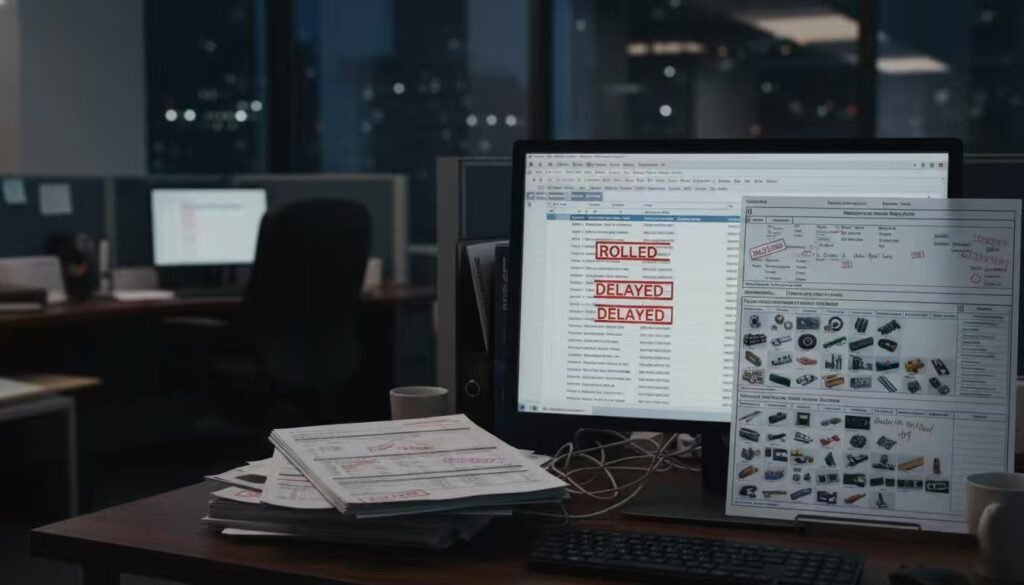 shipping schedule showing ‘Rolled’ and ‘Delayed’, inaccurate customs declaration documents marked with red corrections, mixed machine parts creating complex packing lists