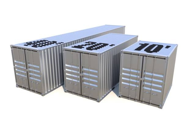 A 3D comparison chart displaying the size differences between a 40 feet container, a 20 feet container, and a smaller 10-foot unit.