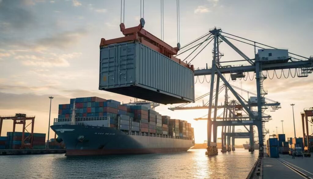 Realistic documentary shot of loaded 40HQ containers being lifted and placed on a container vessel at port