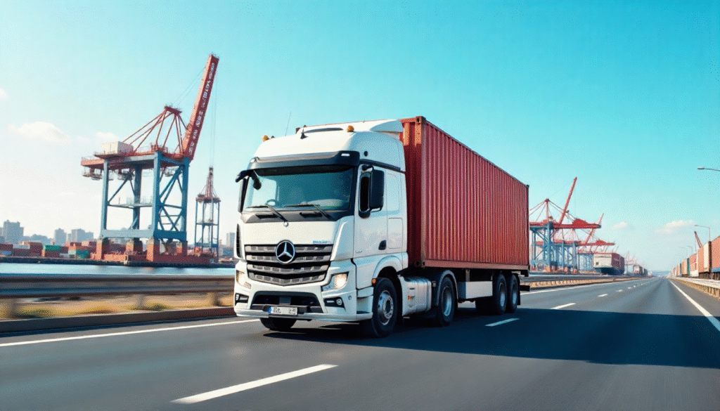 A container truck driving near a seaport with cranes in the background