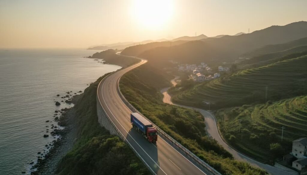 A container truck driving on a long, winding coastal highway in Fujian province