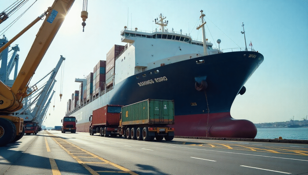 A large RORO ship loading vehicles and heavy machinery at a modern port under bright daylight. webp