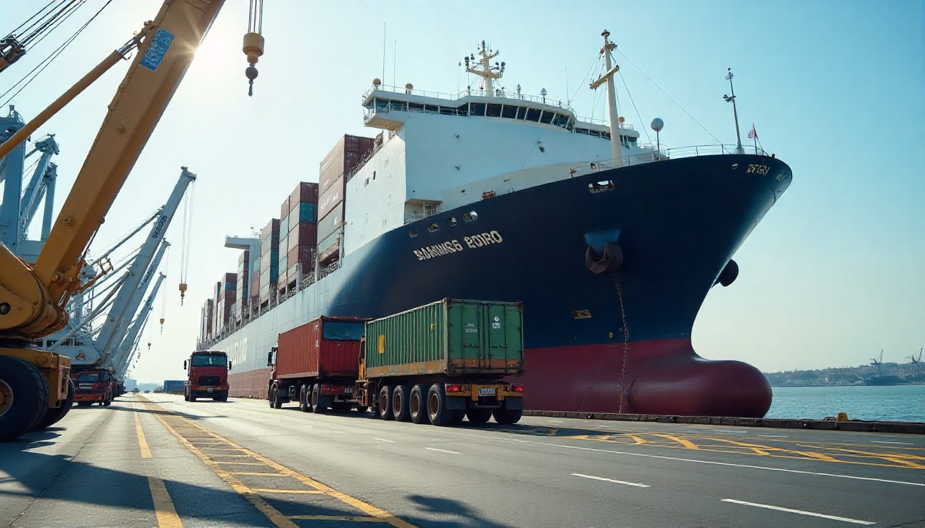 A large RORO ship loading vehicles and heavy machinery at a modern port under bright daylight. webp