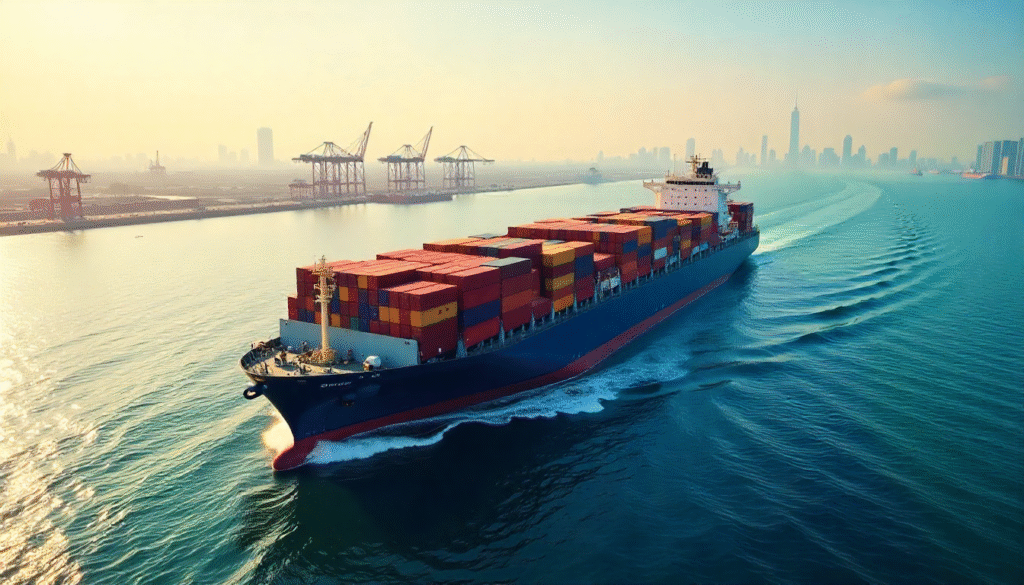 A large cargo ship fully loaded with colorful containers departing from Shanghai Port heading toward Japan