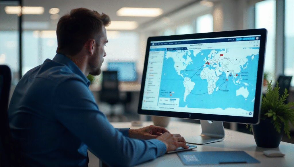 A logistics manager is checking ETD ETA information on his computer, with the screen displaying ship routes, flight routes, and port status.