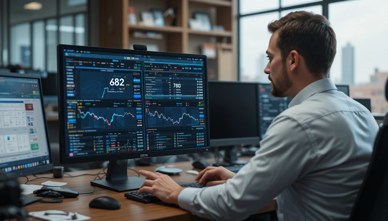A logistics manager is checking ETD ETA information on his computer, with the screen displaying ship routes, flight routes, and port status
