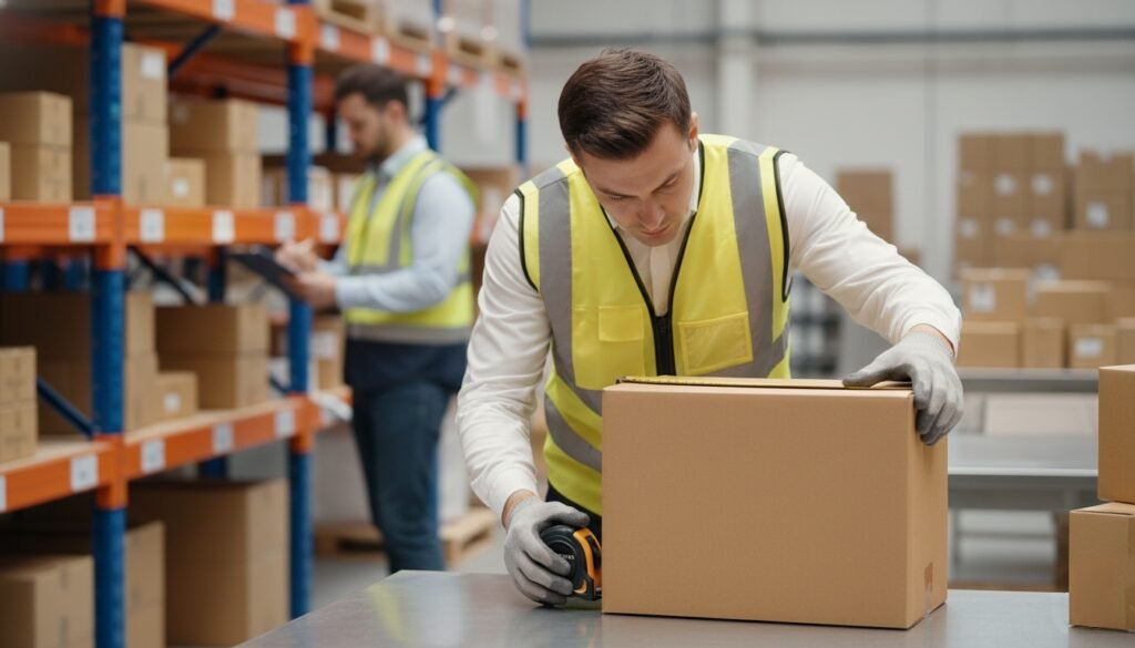 A-logistics-worker-wearing-a-high-visibility-vest-is-carefully-measuring-a-cardboard-box-with-a-tape-measure