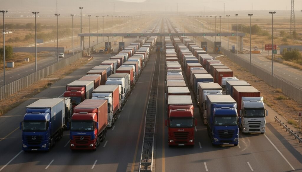 A long queue of container trucks at a border checkpoint