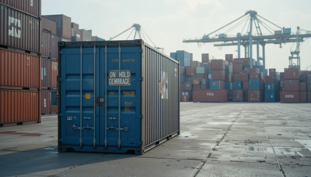 A photo of a single, isolated shipping container sitting in a vast, empty area of a port yard. A large 'ON HOLD' or 'DEMURRAGE' sticker is visible on its door.