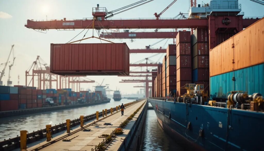 A side-profile shot of a container crane lifting a red container exactly over the railing of a cargo ship at a busy port.