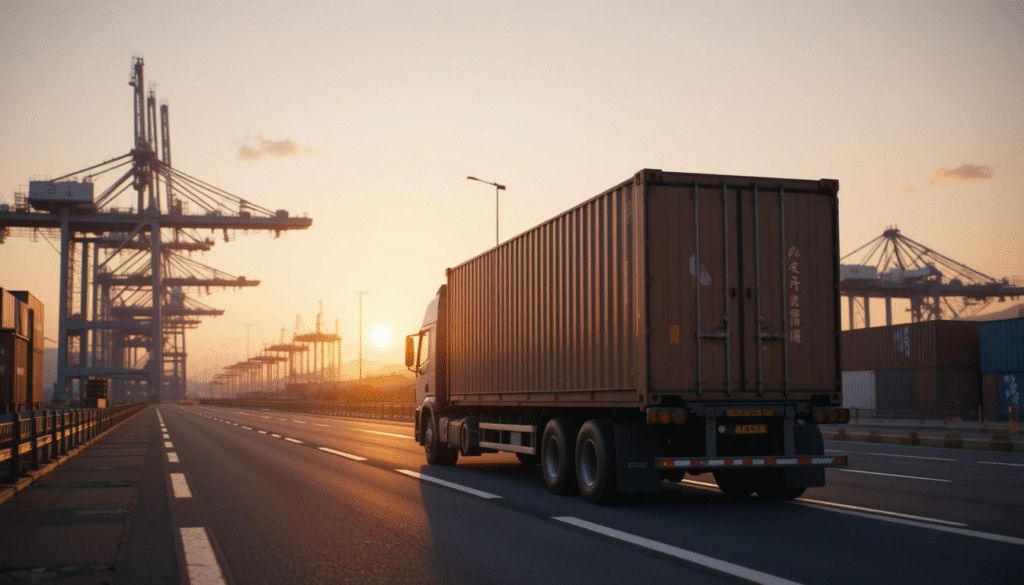 A truck carrying a 40-foot container leaving Kobe Port, Japan