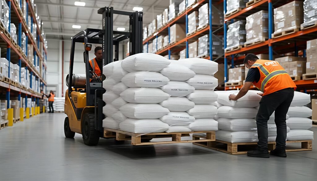 A worker in a safety vest is operating a forklift, moving a perfectly wrapped pallet of white resin bags