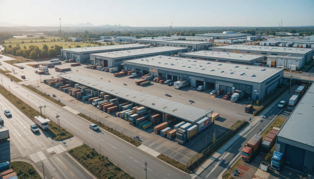 Aerial view of a modern logistics hub with container yard