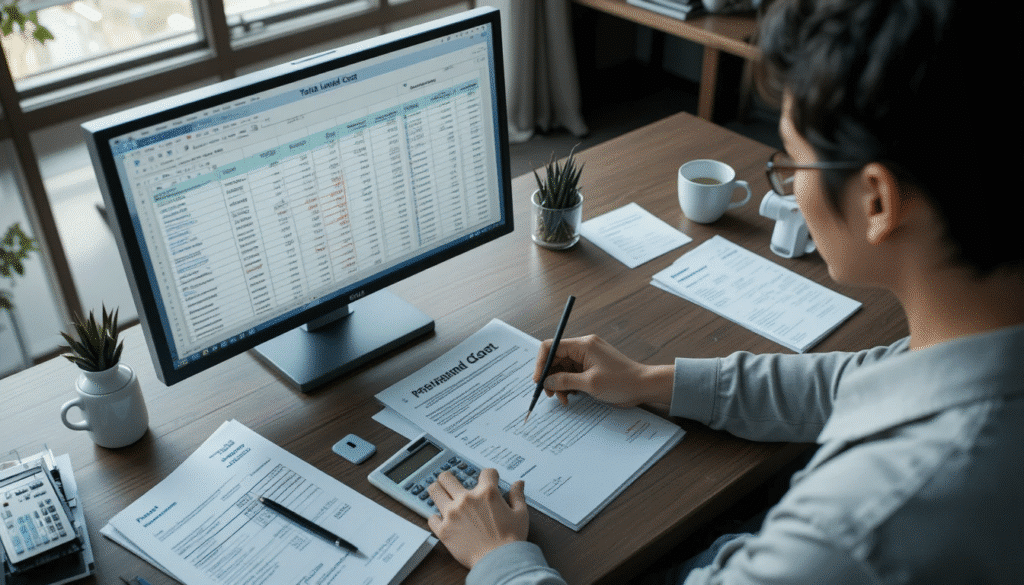 An over-the-shoulder shot of a Japanese business owner at a modern desk.