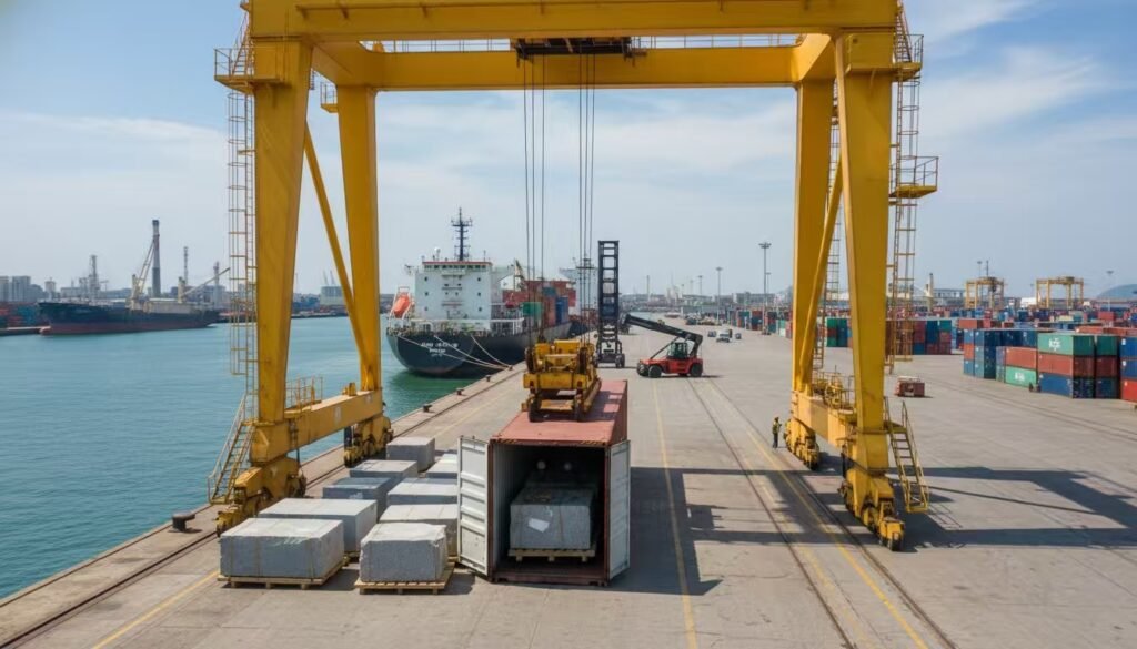 At a deep-water seaport (Jiangyin Port), heavy industrial cargo is being loaded into an open-top container by a massive gantry crane