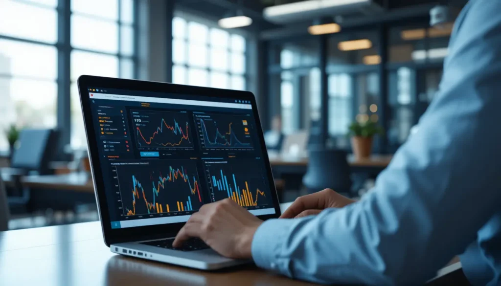 Business professional using an online customs duty calculator tool on a laptop displaying data dashboards