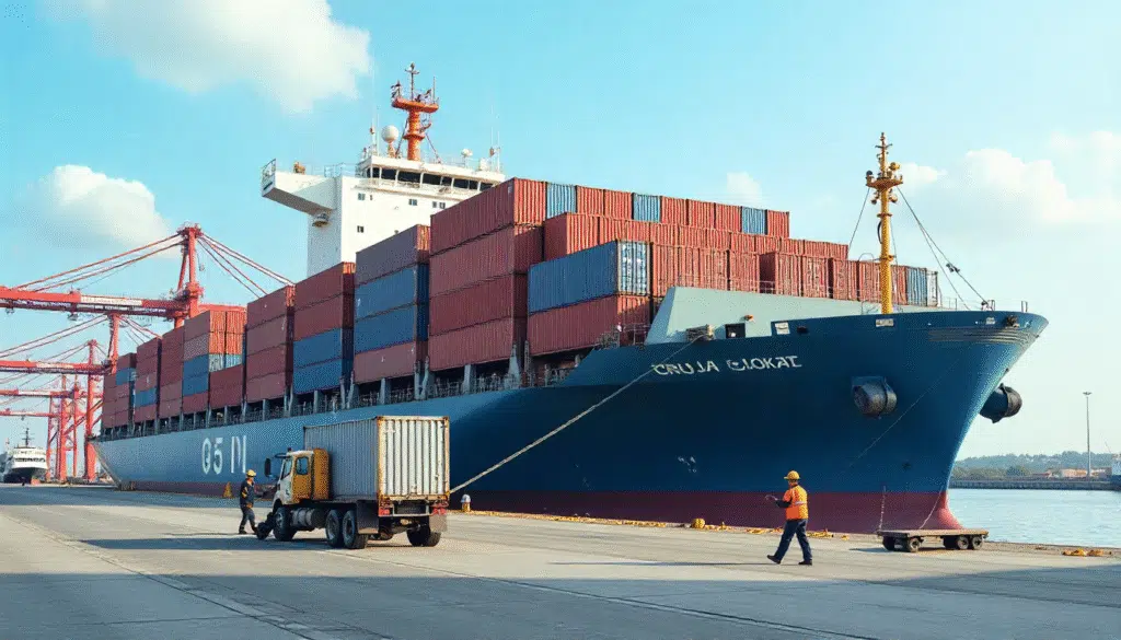 Cargo ship at port, workers moving shipping containers, daytime