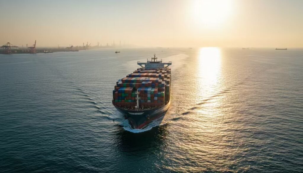 Cargo ship sailing on open sea, loaded with LCL containers
