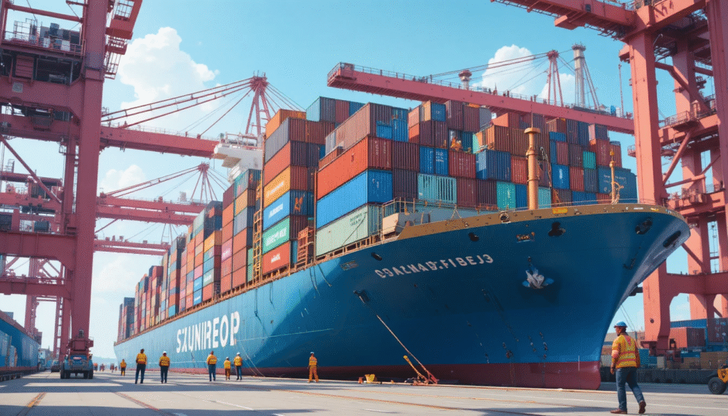 Container ship at a busy Chinese port being loaded by cranes, stacks of colorful containers, workers in safety gear