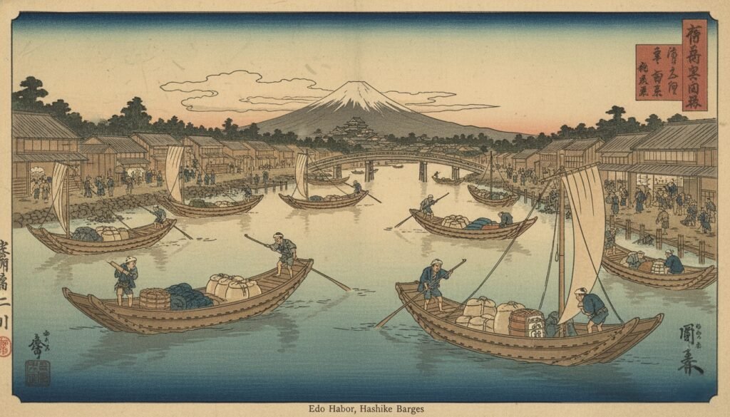 Historical Japanese barge (hashike) scene