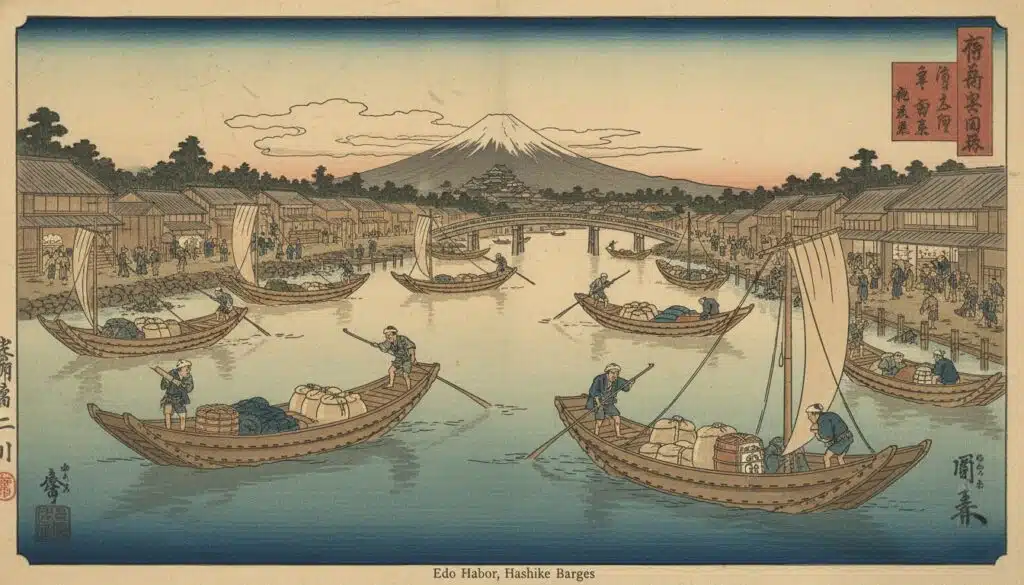 Historical Japanese barge (hashike) scene