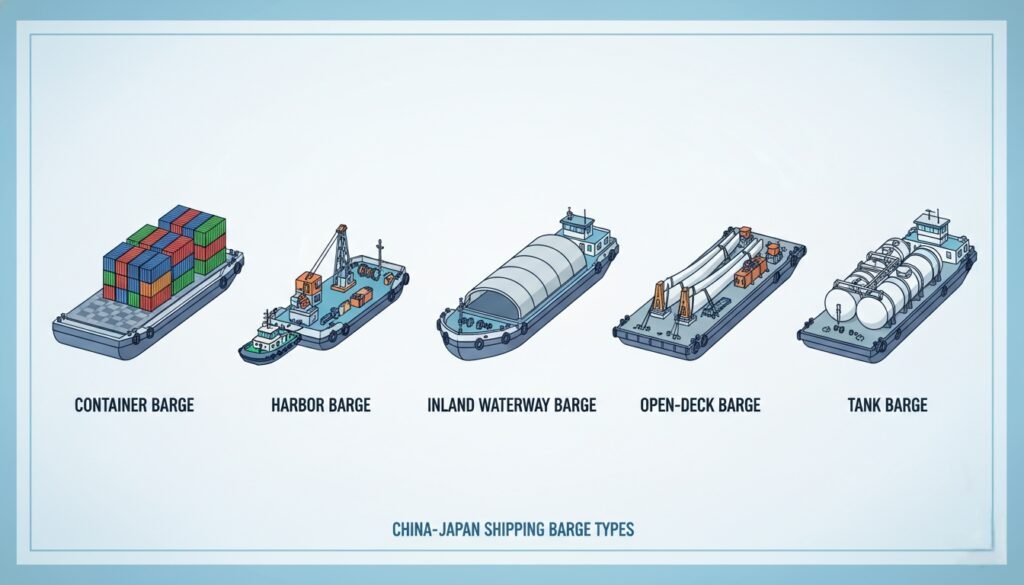 Illustration of five types of modern barges used in China-Japan shipping container barge, harbor barge, inland waterway barge, open-deck barge, tank barge