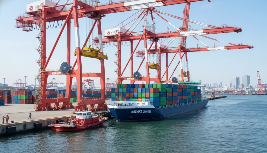 Japanese port scene with a container barge (hashike) being loaded or unloaded by a tugboat and port cranes
