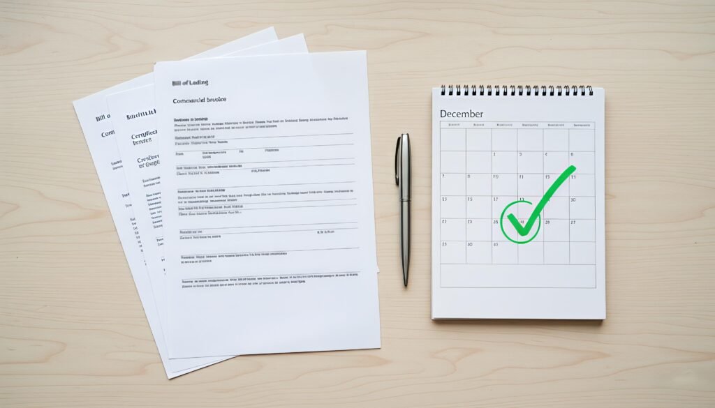 On the desk, there is a stack of shipping documents (simulating a Bill of Lading, Commercial Invoice, and Certificate of Origin, with text blurred for confidentiality)