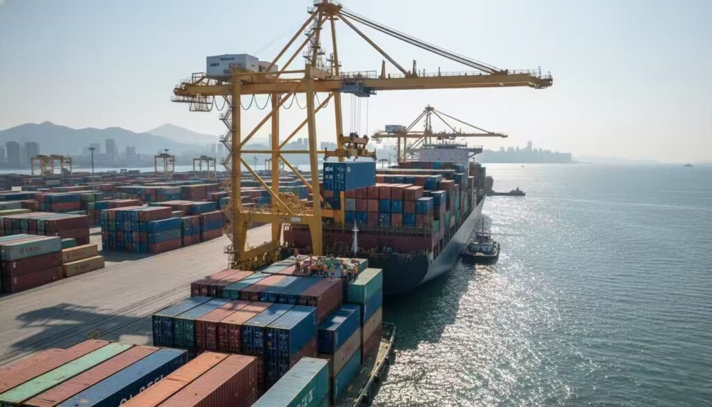 Shenzhen port, crane lifting a 40HQ container onto a cargo ship for direct sailing to Hai Phong