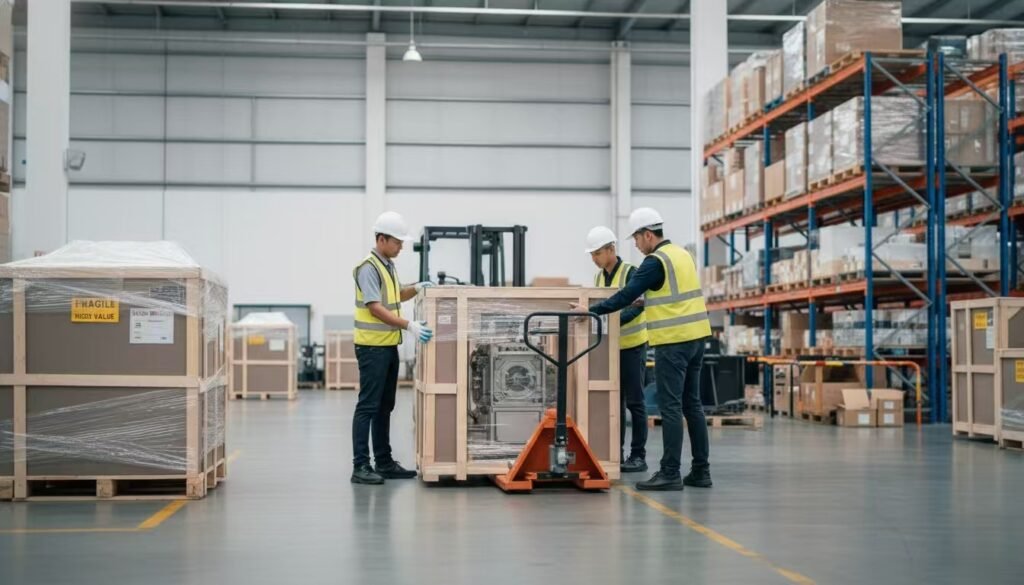 warehouse scene showing high-value industrial machinery inside protective crates labeled Fragile High Value