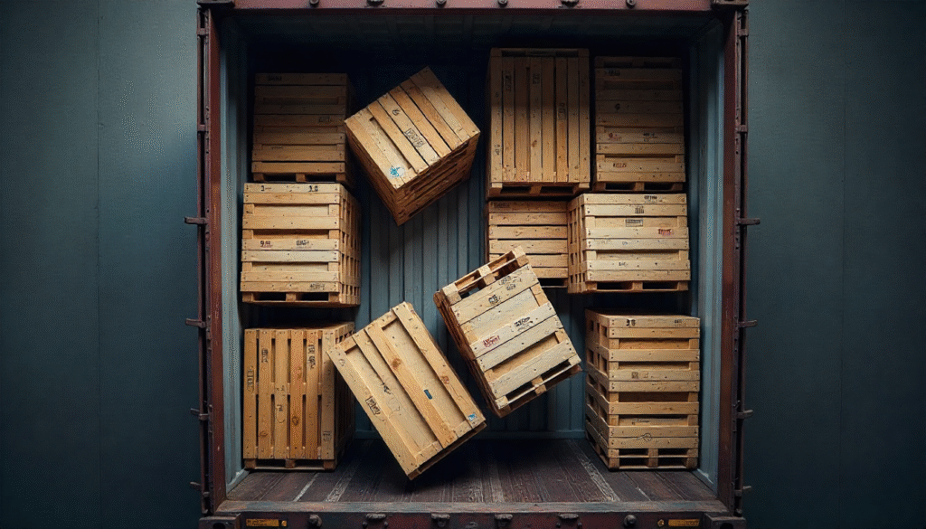 Top-down view inside a 40ft shipping container being loaded with various pallet sizes