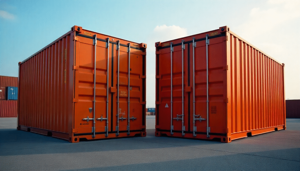 Two 40-foot shipping containers side by side on a port terminal ground, one standard and one high-cube slightly taller