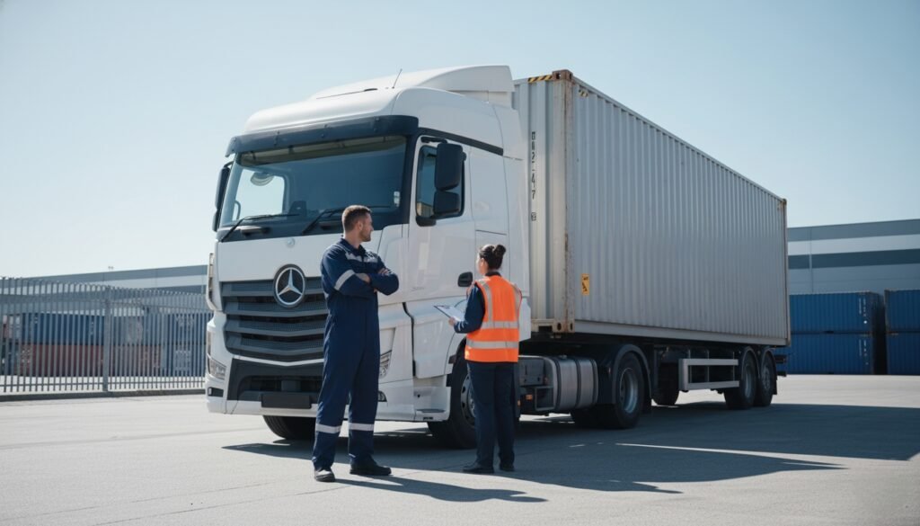 Two truck drivers standing next to a container truck