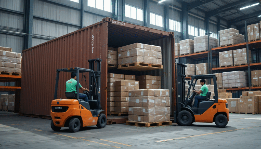 Workers and forklifts loading goods on pallets into a 40-foot shipping container inside a warehouse