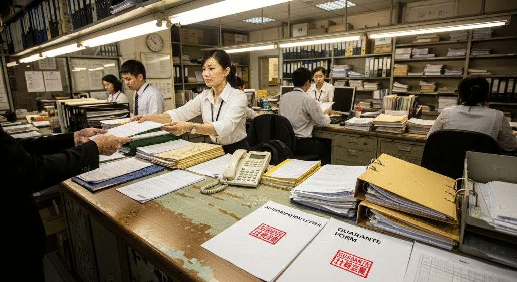 a Hong Kong LCL warehouse office where staff are receiving original paper documents. Visible Authorization Letter and Guarantee Form with stamps.240Z