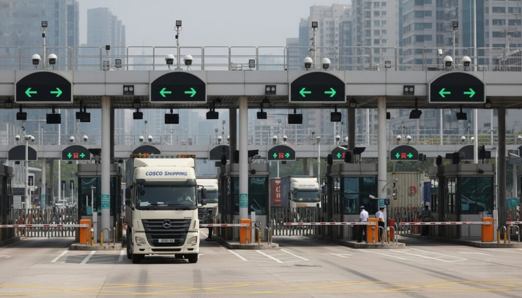 a-cross-border-cargo-truck-passing-through-a-Shenzhen–Hong-Kong-border-checkpoint