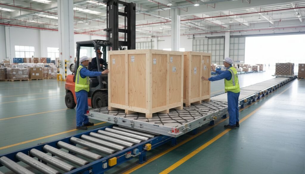 a-forklift-loading-wooden-crates-onto-an-air-freight-ULD-pallet-inside-Hong-Kong-airports-cargo-warehouse