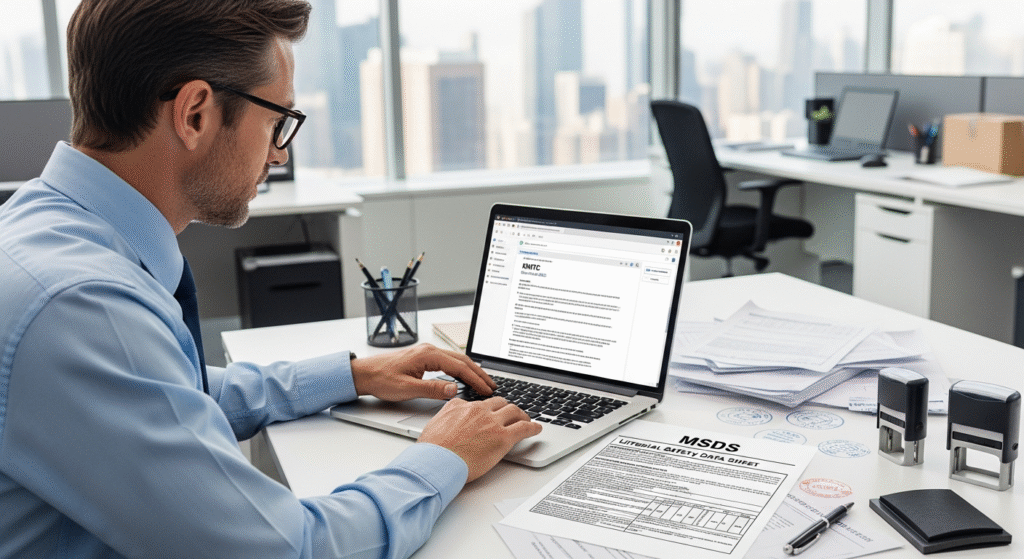 a logistics operator reviewing and submitting an MSDS document for lithium battery cargo.458Z