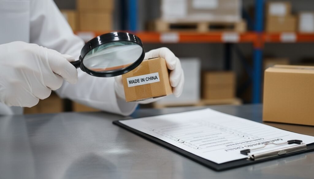 a-pair-of-hands-wearing-white-gloves-holding-a-product-box-and-checking-the-Made-in-China-label-with-a-magnifying-glass