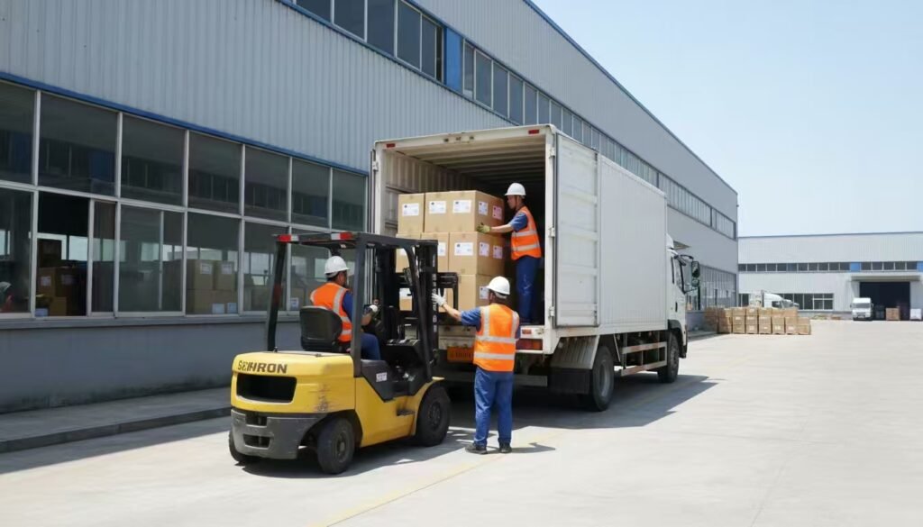 Chinese factory exterior, forklift loading sealed cartons onto a box truck