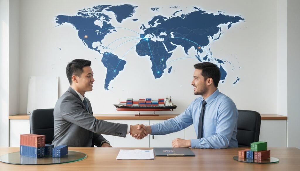 client representative shaking hands with GWT logistics manager in office