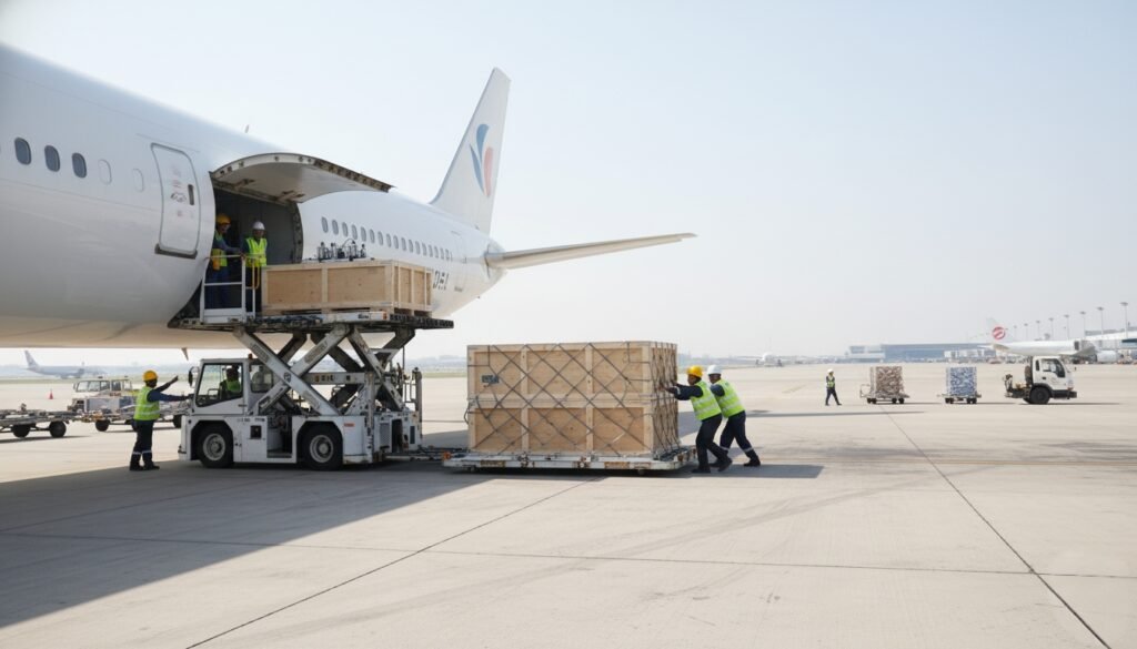 ground-crew-pushing-an-air-freight-ULD-pallet-with-wooden-crates-into-the-belly-cargo-hold-of-a-wide-body-aircraft