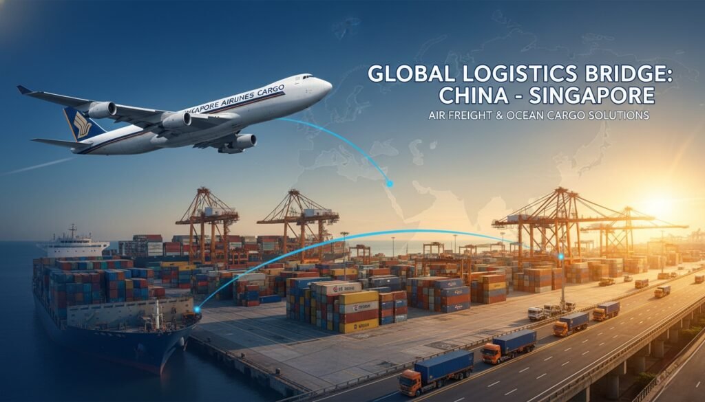 horizontal banner showing logistics and air freight between China and Singapore