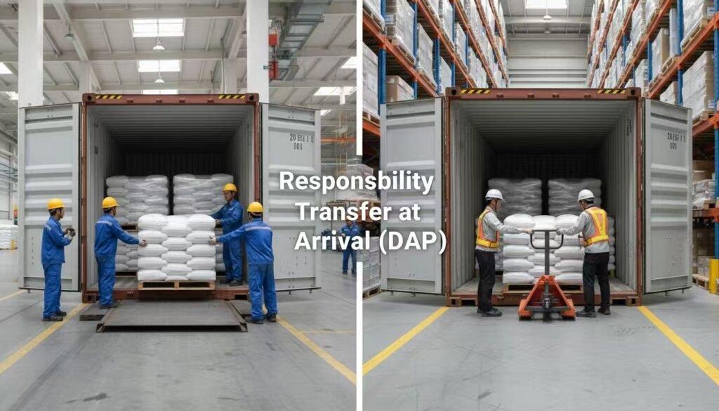 left side Chinese factory loading cargo into container, right side Japanese warehouse receiving goods